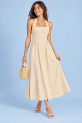 Beige halterneck-skaterkjole i midilengde