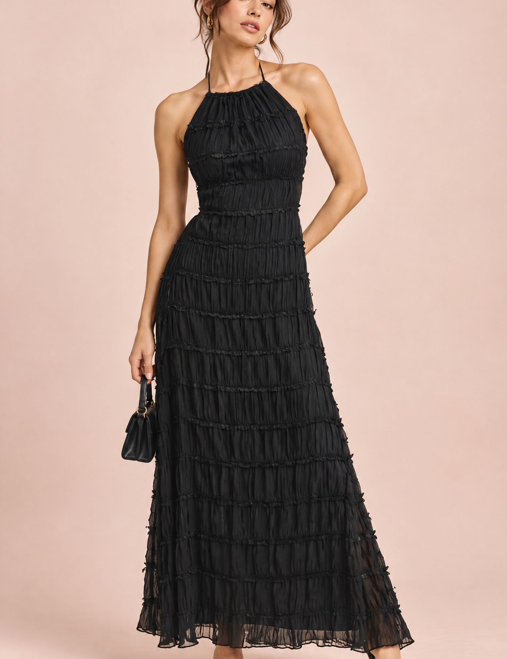 Robe longue plissée noire | Vue de face | Lounelle Paris