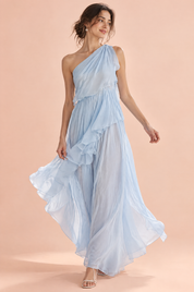 Robe bleue asymétrique à volants | Vue de face | Lounelle Paris