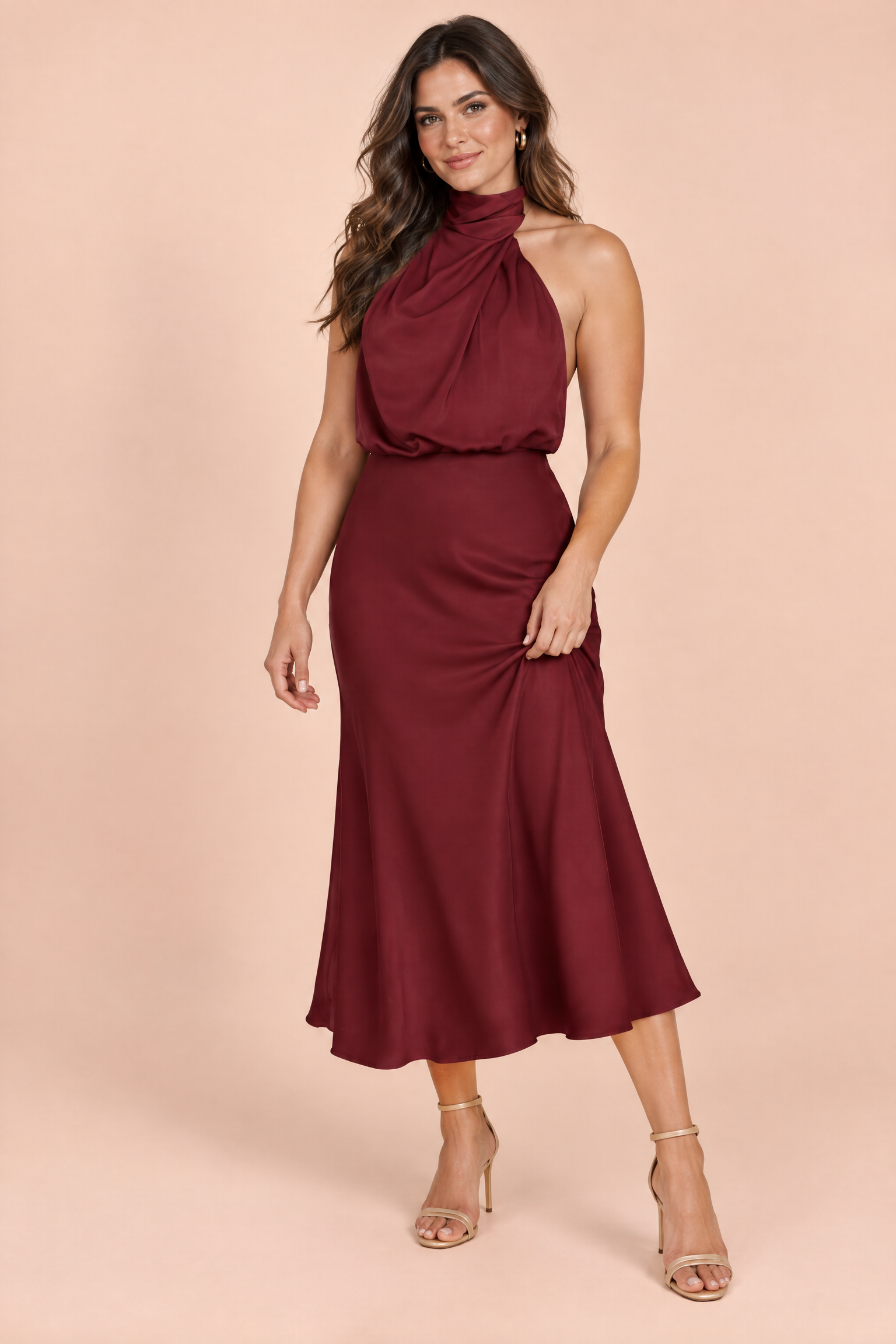 Robe midi trapèze bordeaux à col foulard | Porté sur une autre silhouette | Lounelle Paris