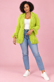 Gilet vert citron à franges | Porté sur une autre silhouette | Lounelle Paris