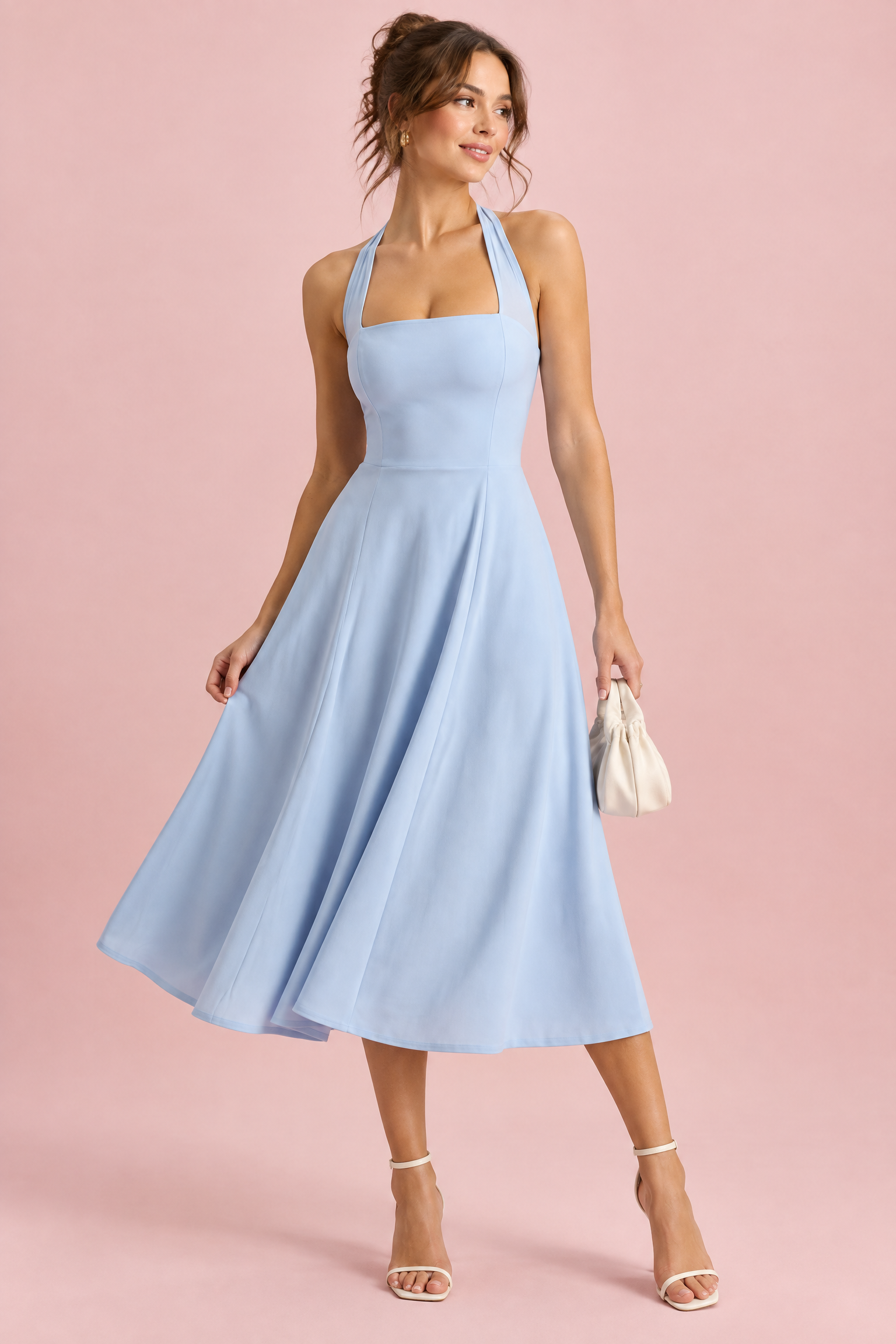 Robe midi patineuse bleu ciel à col américain | Vue de face | Lounelle Paris