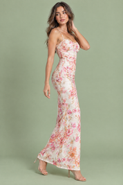 Robe midi fleurie, torsadée et asymétrique écrue | Vue de dos | Lounelle Paris
