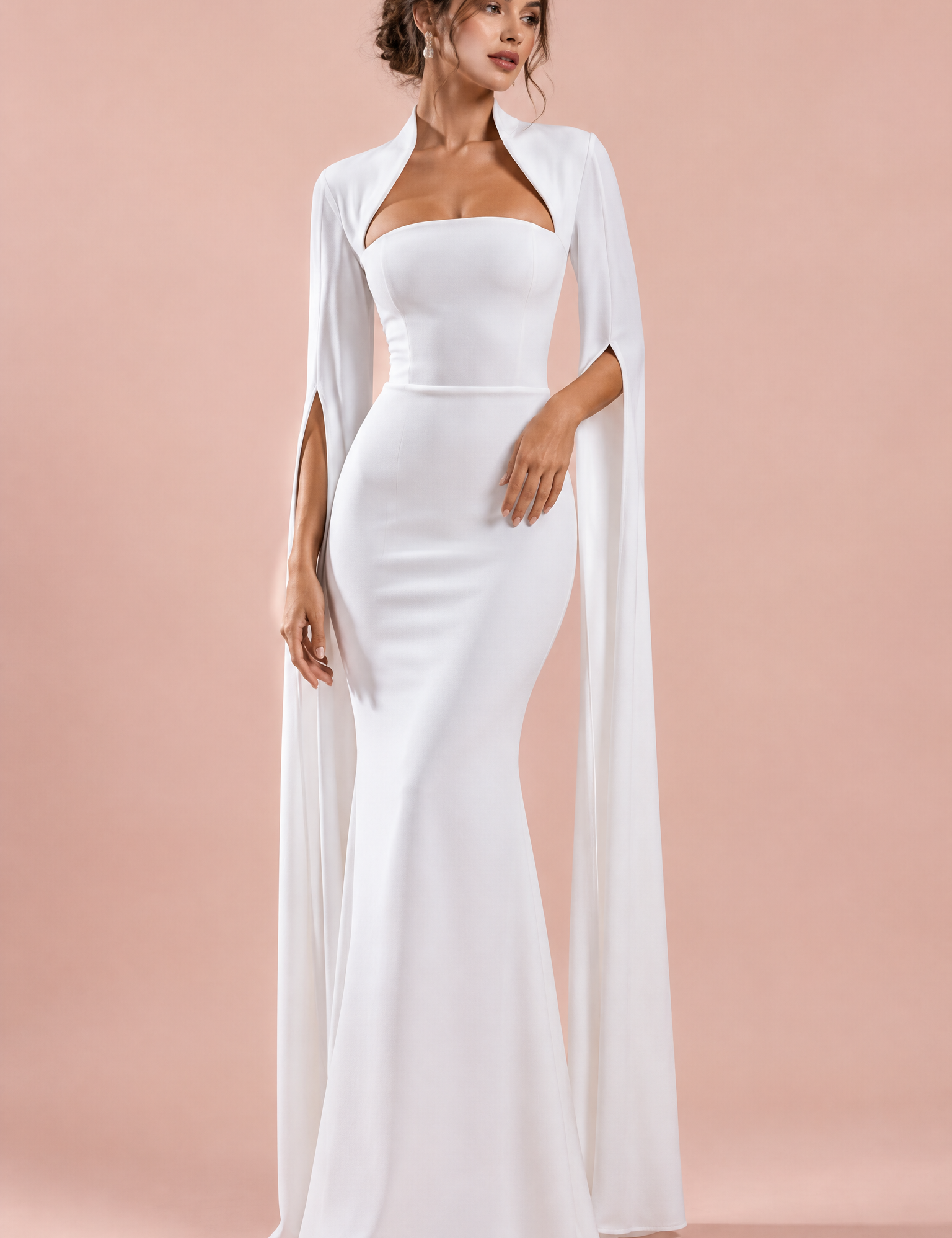 Robe longue blanche à encolure carrée et manches cape | Vue de face | Lounelle Paris