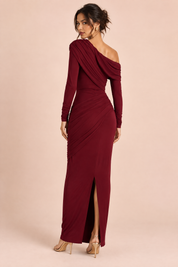 Robe longue bordeaux à encolure asymétrique et détails froncés | Vue de dos | Lounelle Paris