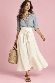 Ensemble chemise et jupe longue blanc cassé à taille nouée | Vue de face | Lounelle Paris