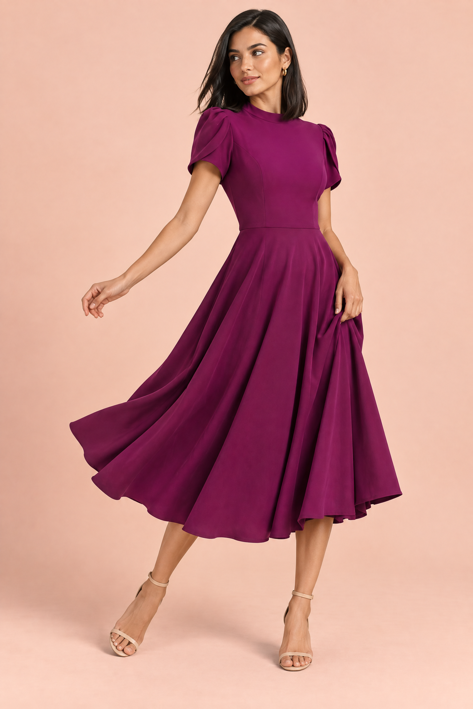 Robe midi violette à col montant et manches bouffantes | Vue en mouvement | Lounelle Paris