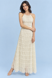 Robe longue plissée écrue | Vue de face | Lounelle Paris