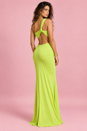 Robe asymétrique verte à découpe | Vue de dos | Lounelle Paris