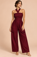 Burgunder jumpsuit med halterneck og vide ben