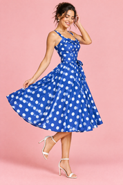 Robe midi bleue à pois et encolure carrée | Vue de dos | Lounelle Paris