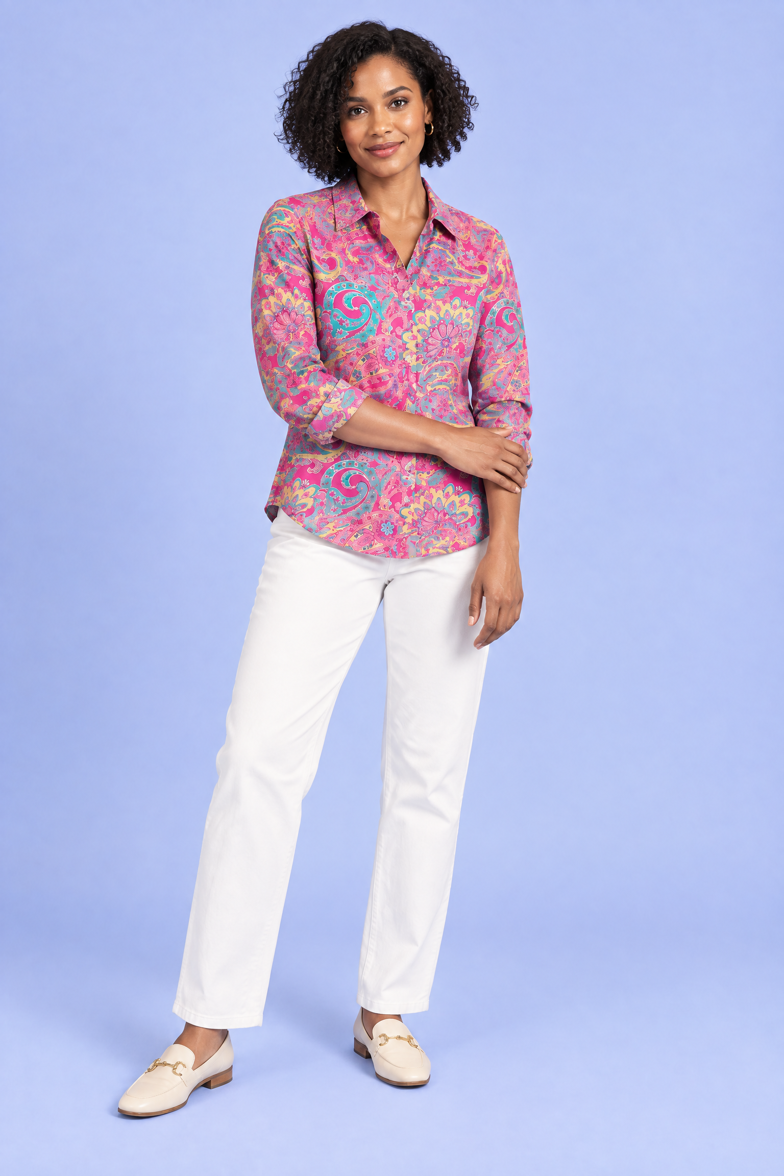 Chemise oversize rose à imprimé cachemire | Porté sur une autre silhouette | Lounelle Paris