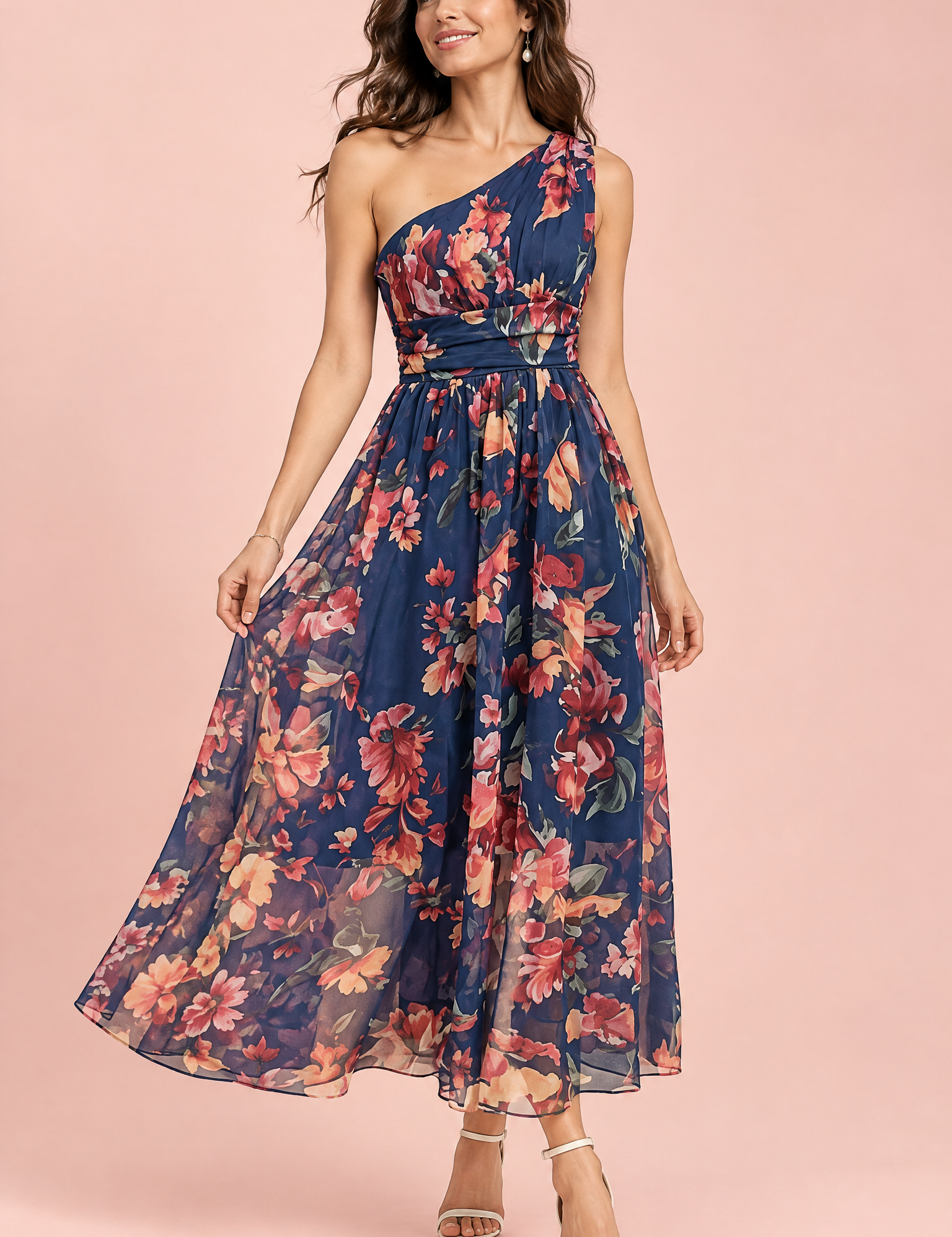 Robe longue fleurie bleue à une épaule, coupe trapèze | Vue de face | Lounelle Paris