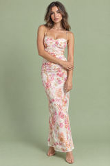 Offwhite blomstret midikjole med twist og asymmetrisk snitt