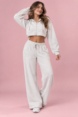 Cropped hettegenser- og buksesett med glidelås – offwhite