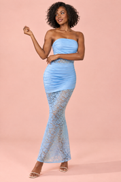 Robe longue bleue froncée dos nu | Vue en mouvement | Lounelle Paris