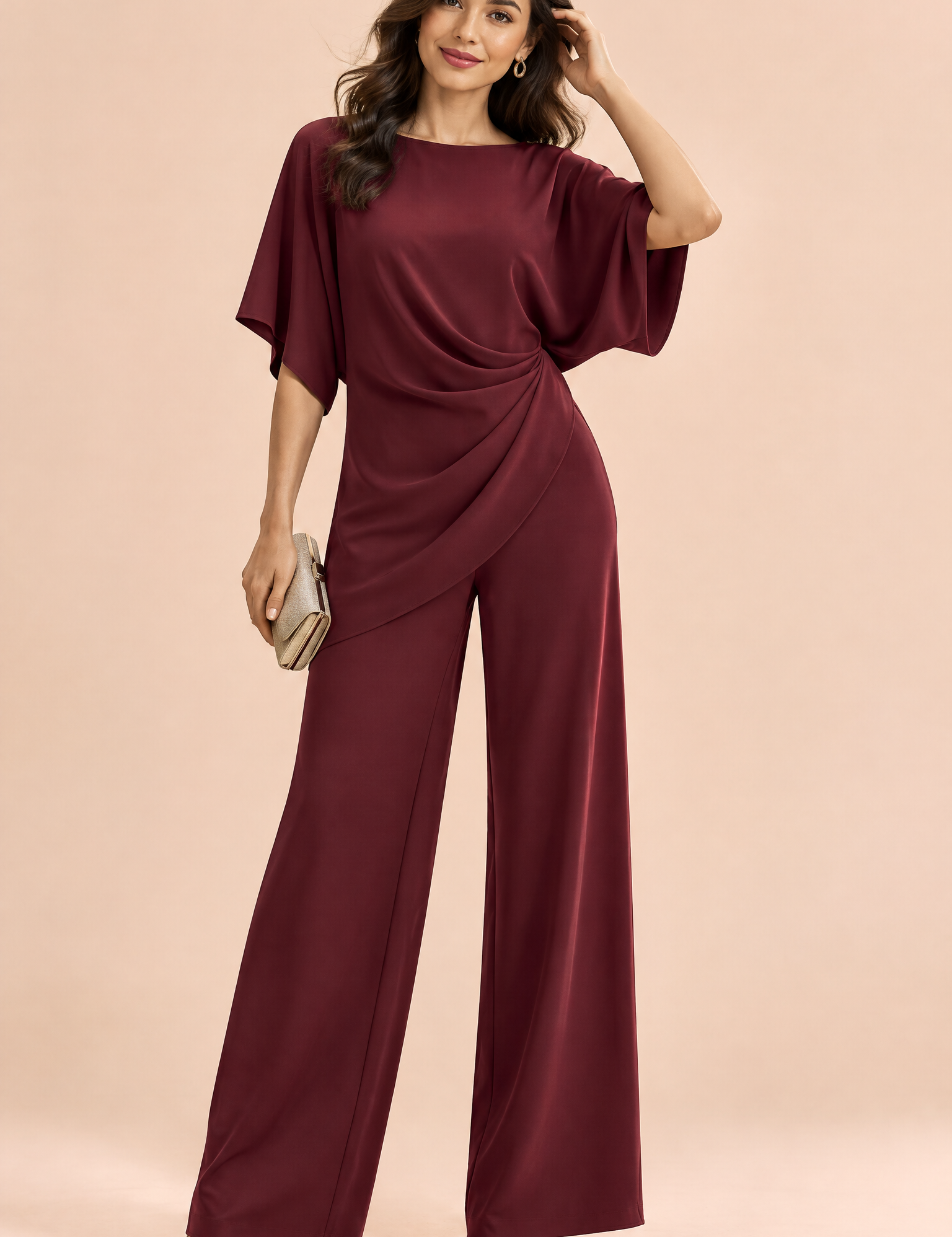 Ensemble pantalon bordeaux plissé effet portefeuille | Vue de face | Lounelle Paris