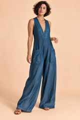 Blå jumpsuit med V-hals og vide ben