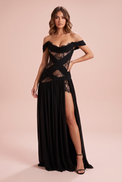 Robe noire à découpes et col bénitier | Vue de face | Lounelle Paris