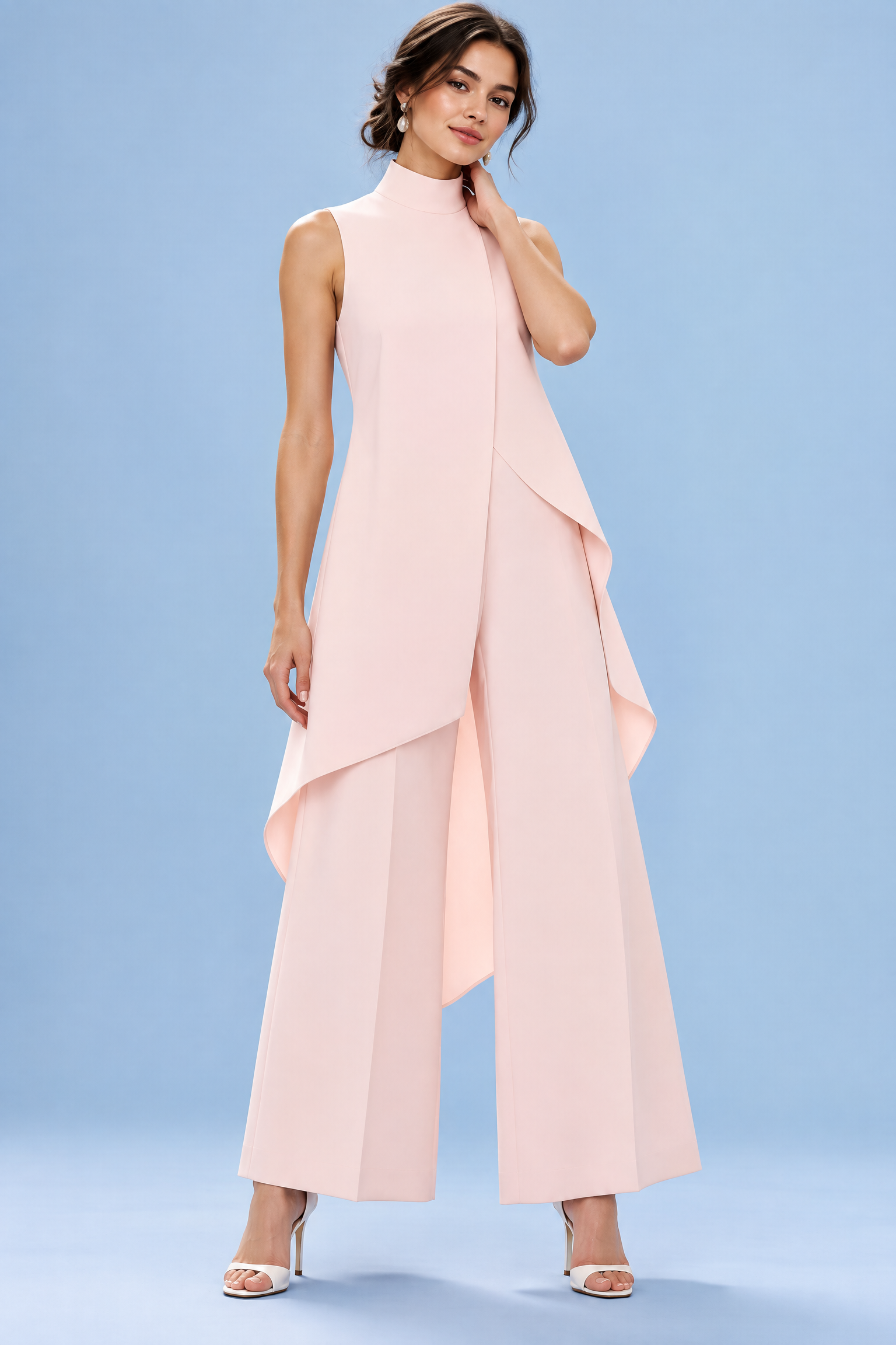 Ensemble pantalon rose fluide avec top sans manches à col montant | Vue de face | Lounelle Paris