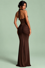 Robe longue marron foncé froncée à encolure dos nu | Vue de dos | Lounelle Paris
