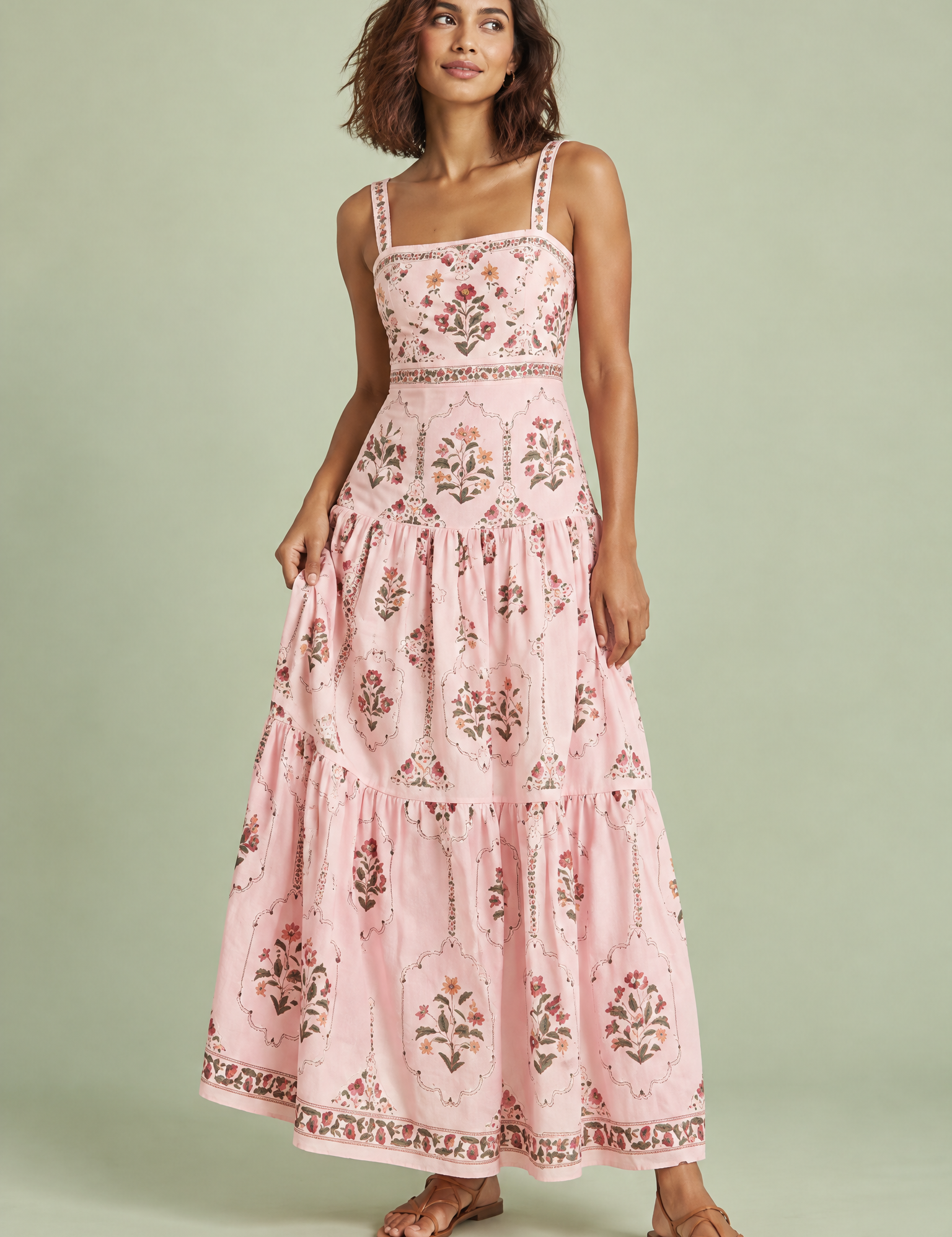Robe longue rose fleurie à volants | Vue de face | Lounelle Paris