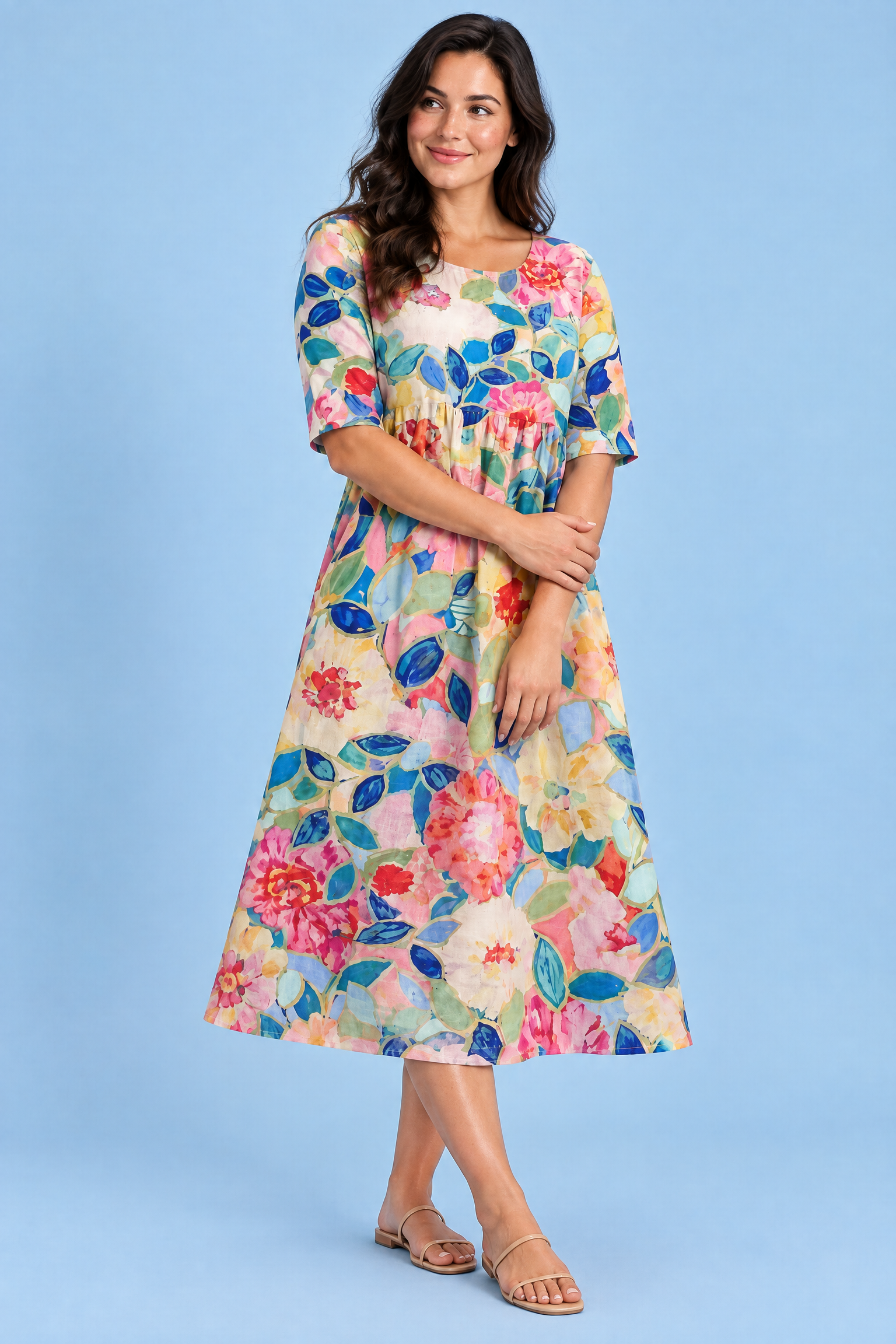 Robe midi trapèze à motif floral blanc cassé | Porté sur une autre silhouette | Lounelle Paris