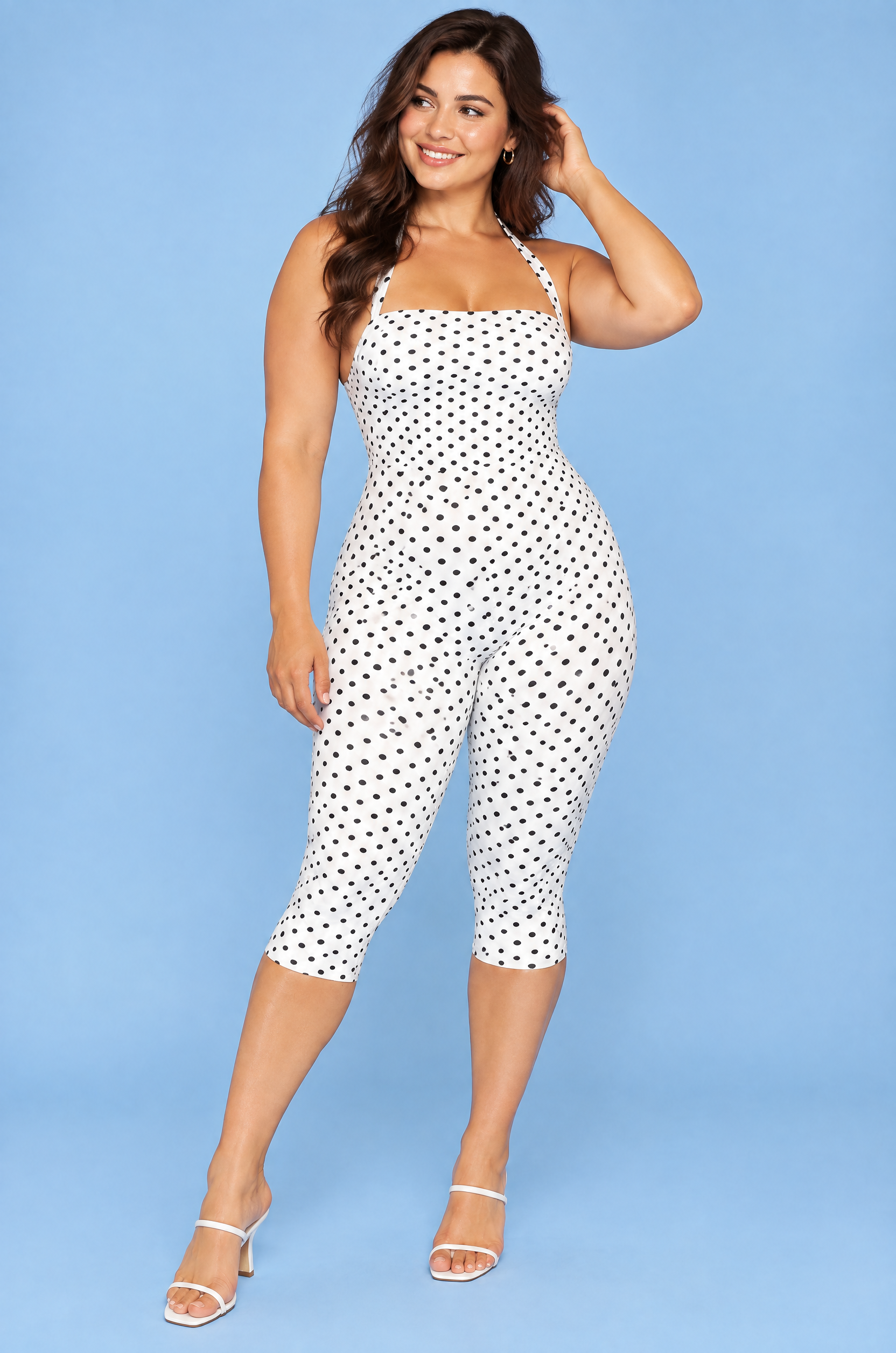 Combinaison pantalon ajustée à pois blanche | Porté sur une autre silhouette | Lounelle Paris
