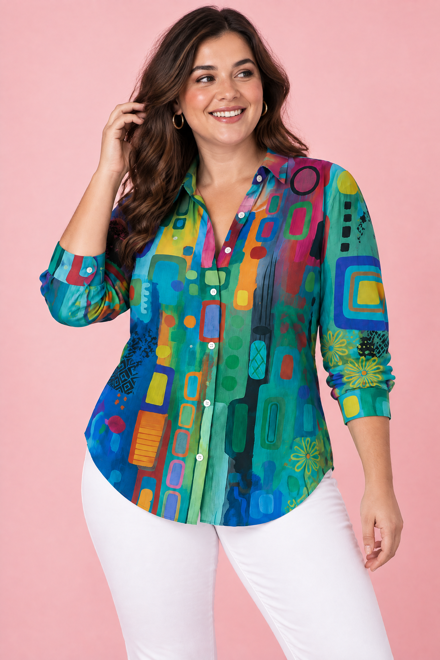 Chemise bleu canard boutonnée à imprimé géométrique | Porté sur une autre silhouette | Lounelle Paris