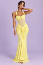 Robe longue froncée tour de cou jaune | Vue de face | Lounelle Paris