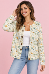 Offwhite blomstret cardigan med knapper