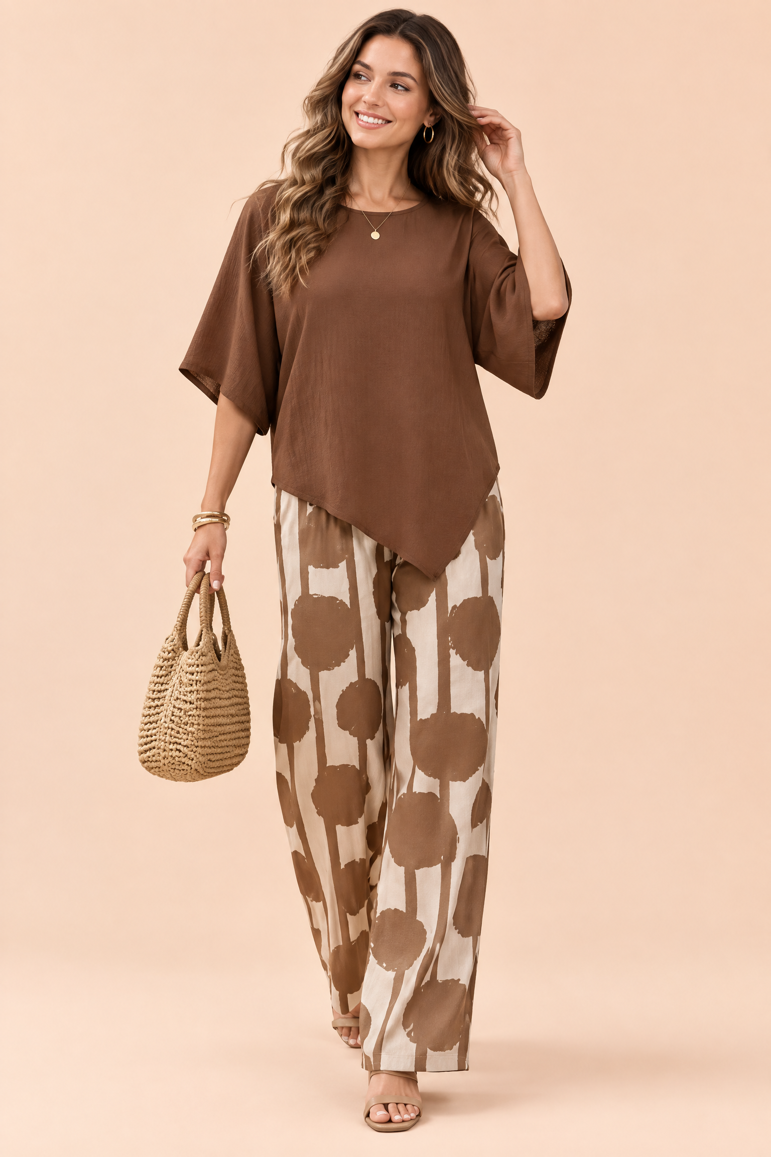 Ensemble pantalon marron à pois | Vue de face | Lounelle Paris