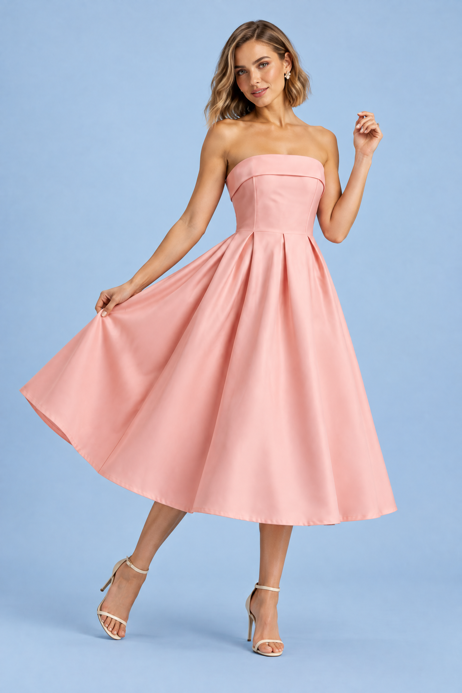 Robe midi patineuse bustier rose | Vue en mouvement | Lounelle Paris