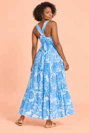 Robe midi bleue à imprimé porcelaine et encolure carrée | Vue de dos | Lounelle Paris