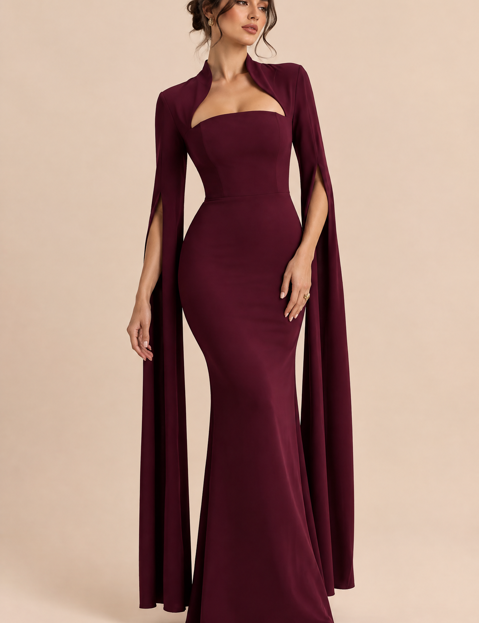 Robe longue bordeaux à encolure carrée et manches cape | Vue de face | Lounelle Paris