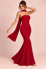 Robe longue rouge bustier bandeau à coupe sirène | Vue en mouvement | Lounelle Paris