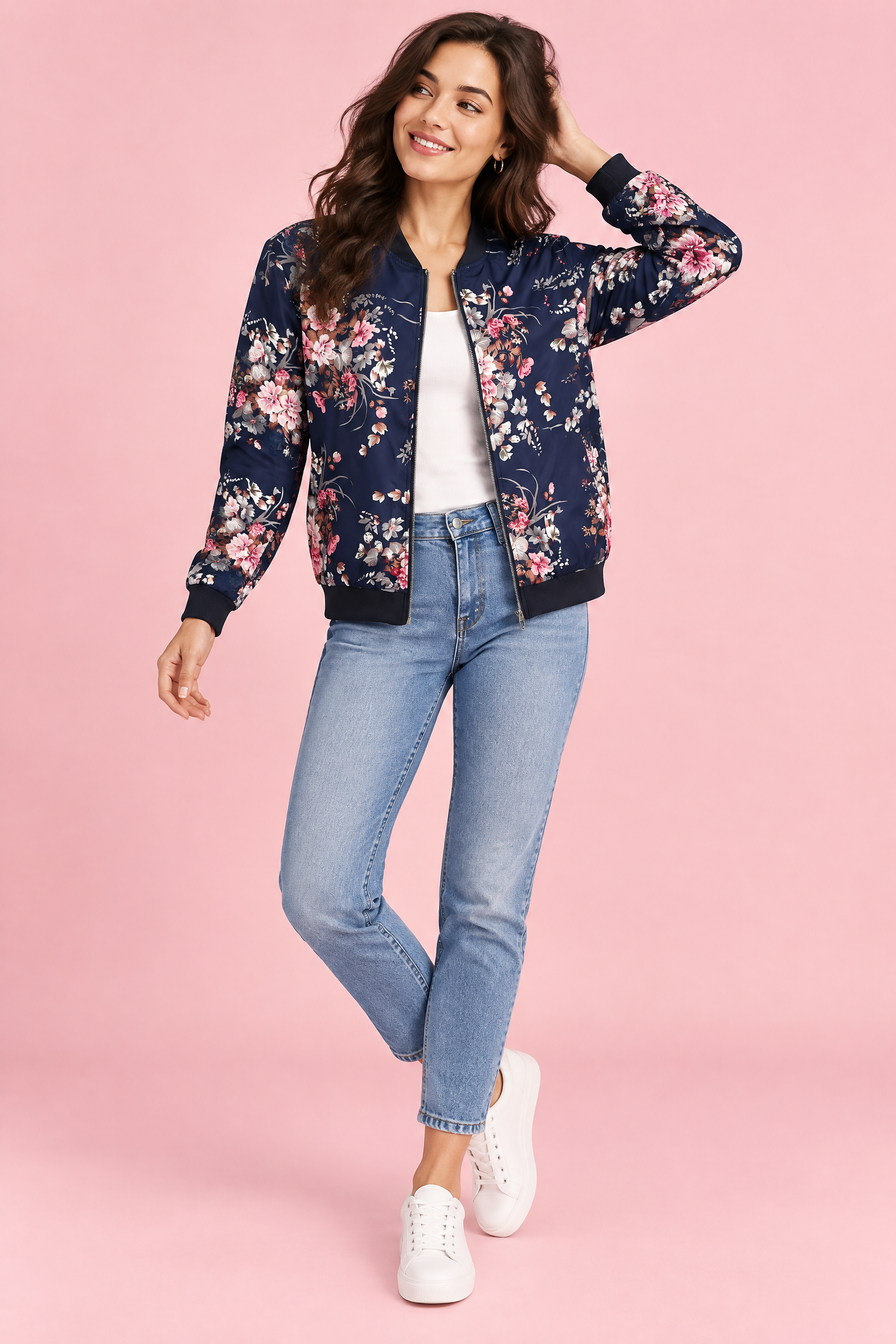 Veste bomber fleurie ajustée bleu marine | Vue de face | Lounelle Paris