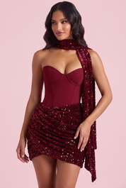 Robe bustier courte à sequins bordeaux | Vue rapprochée | Lounelle Paris