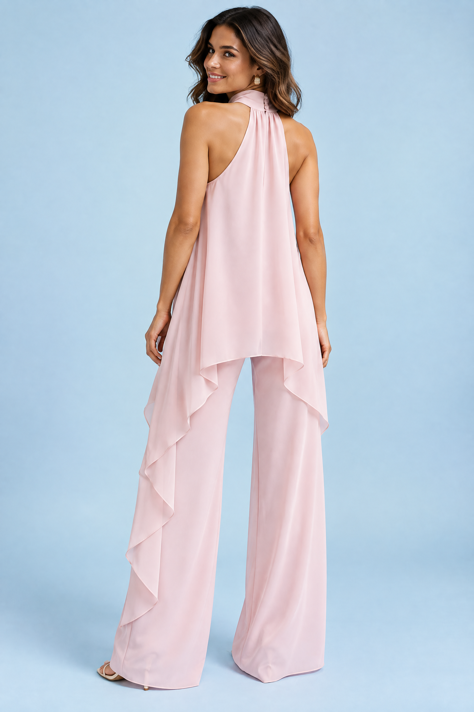 Ensemble pantalon fluide rose sans manches | Vue de dos | Lounelle Paris