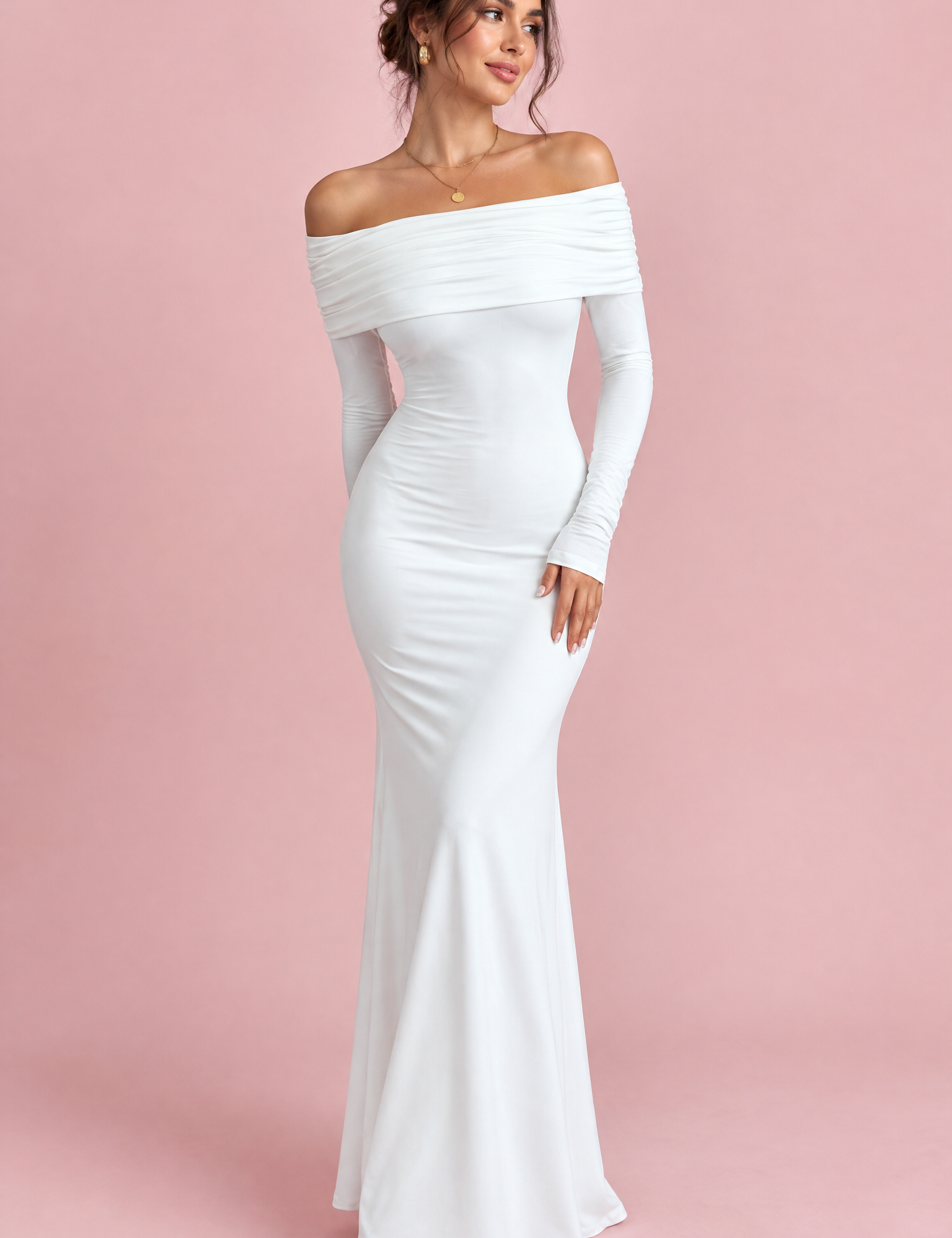 Robe longue blanche asymétrique à fronces et drapé | Vue de face | Lounelle Paris