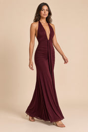 Robe longue bordeaux froncée à col dos nu | Vue en mouvement | Lounelle Paris