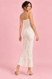 Robe longue blanc cassé à imprimé floral et sequins, col carré | Vue de dos | Lounelle Paris