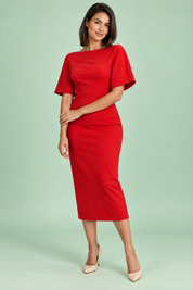 Robe midi rouge avec cape amovible | Porté sur une autre silhouette | Lounelle Paris