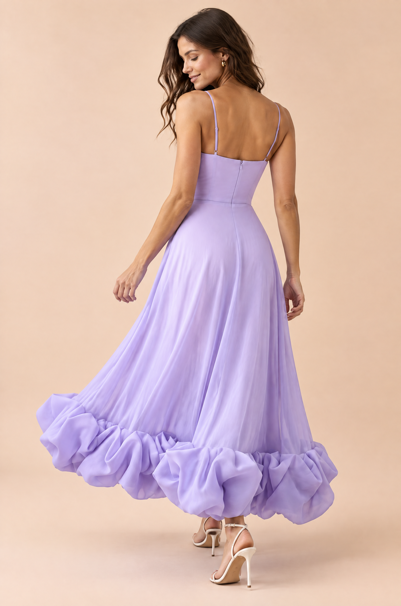 Robe midi lilas évasée à bas volanté | Vue de dos | Lounelle Paris