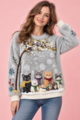 Oversized grå genser med kattemotiv