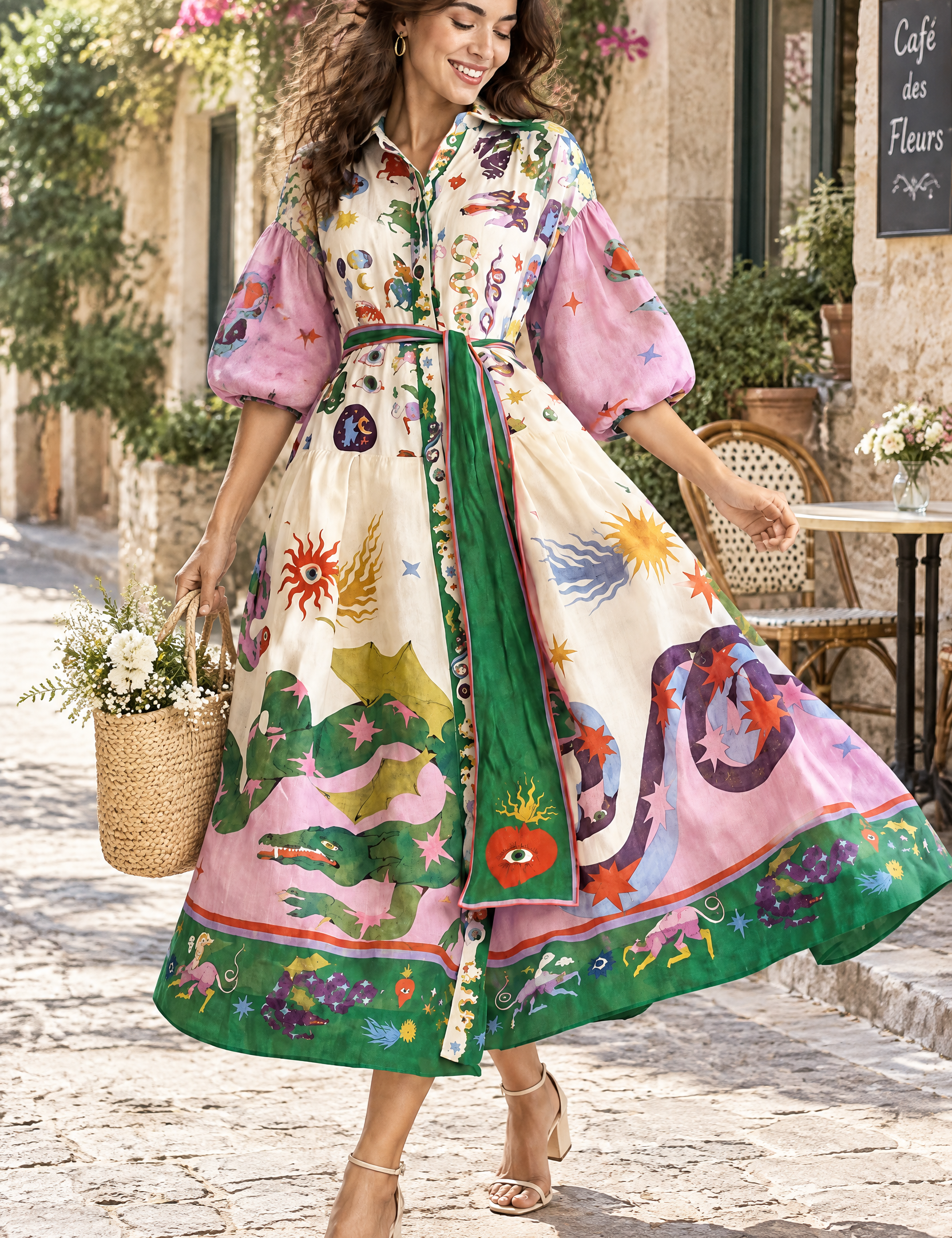 Robe longue violette trapèze à manches ballon | Photo lifestyle | Lounelle Paris
