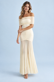 Robe longue crème froncée à épaules dénudées | Vue de face | Lounelle Paris