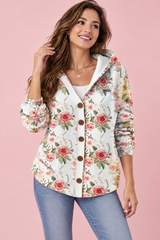 Offwhite blomstret cardigan med hette