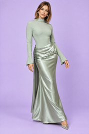 Robe longue froncée vert menthe | Vue en mouvement | Lounelle Paris