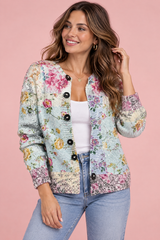 Blå blomstret cardigan med knapper